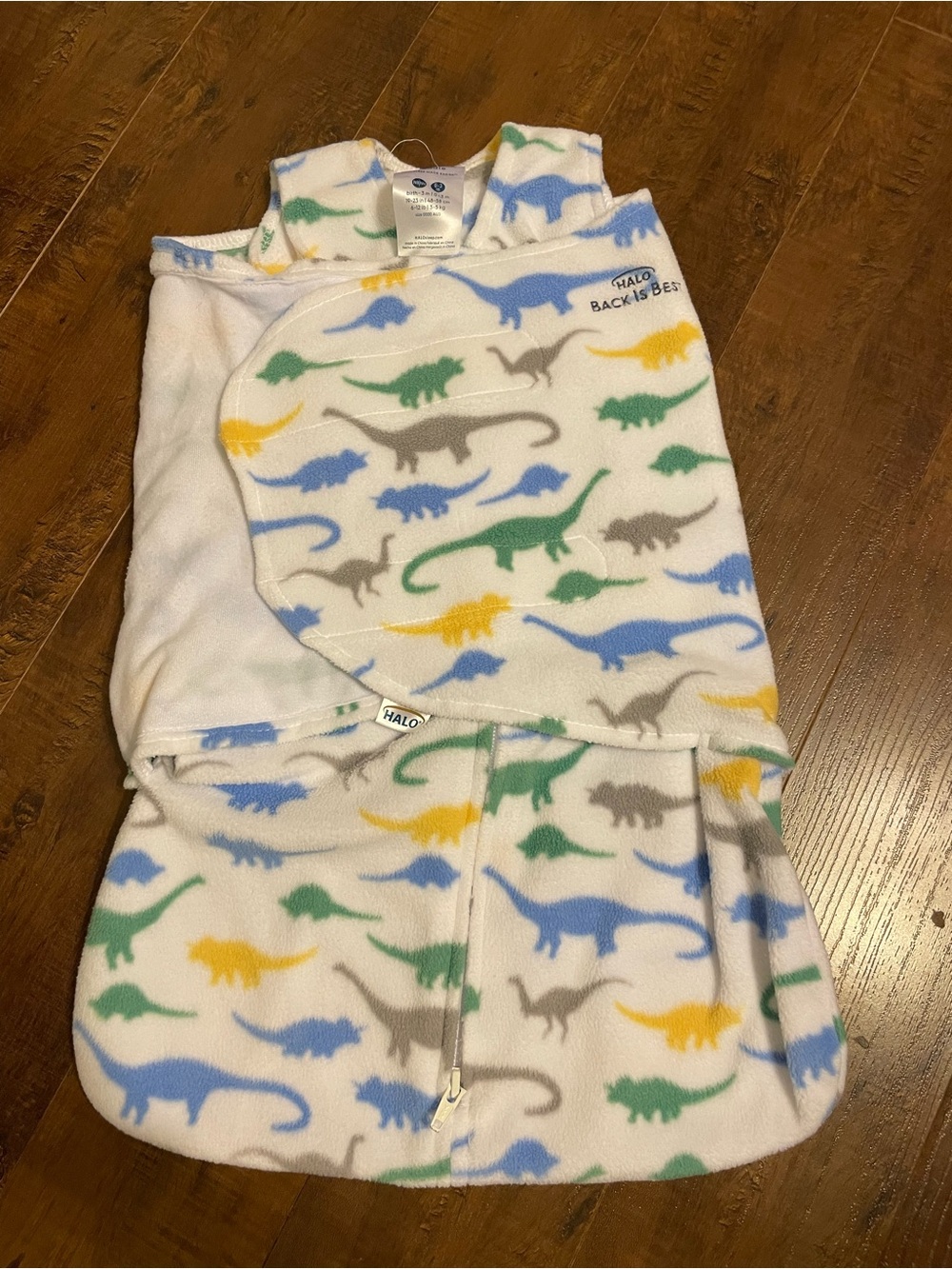 Halo White Fleece Sleep Sack with Blue Green Yellow Gray Dinosaurs